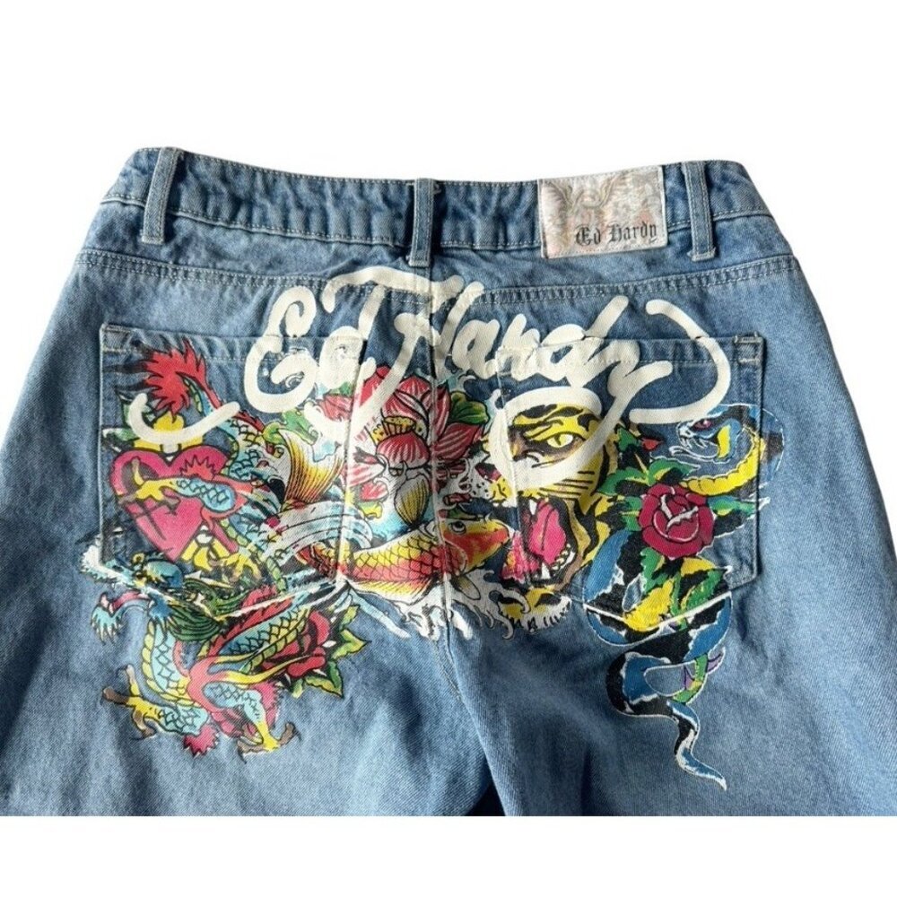 Ed Hardy Women’s Sz 30 Wide Leg Baggy Fit Tattoo Dragon Koi Snake Floral Jeans - Picture 9 of 11